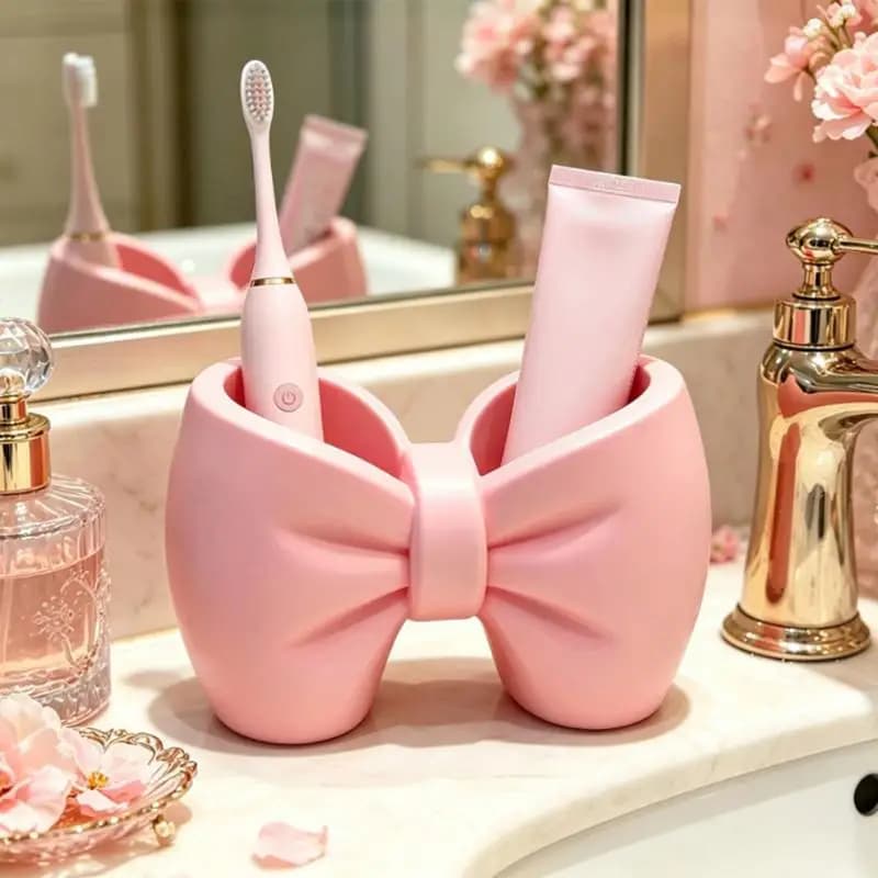 Bow Shaped Toothpaste Toothbrush Holder Multifunctional Countertop Storage Rack For Bathroom Washstand Vanity Decor Organizer