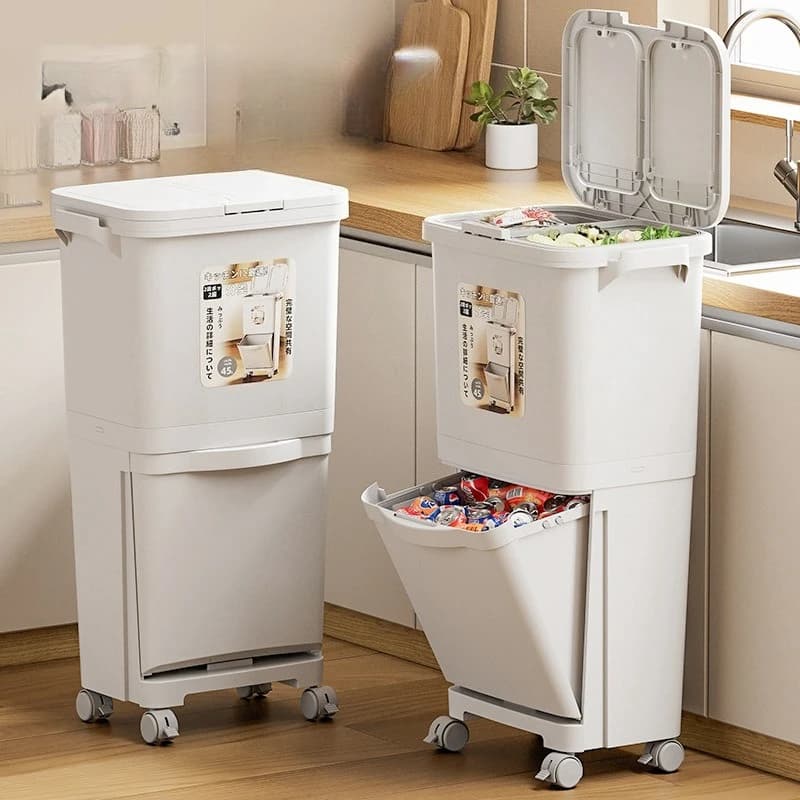 No-Bend Movable Recycling Trash Can, Large Dual-Compartment Waste Bin, Scratch-Proof Sturdy Durable with Lid for Kitchen