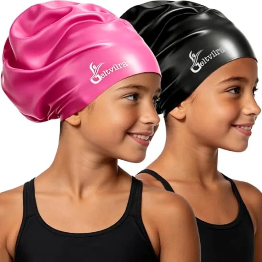 2 Pack Extra Large Swim Cap for Long Thick Hair, Waterproof Silicone Swimming Hat for Girls Aged 4 to 16 Boys Toddler Youth, Ha