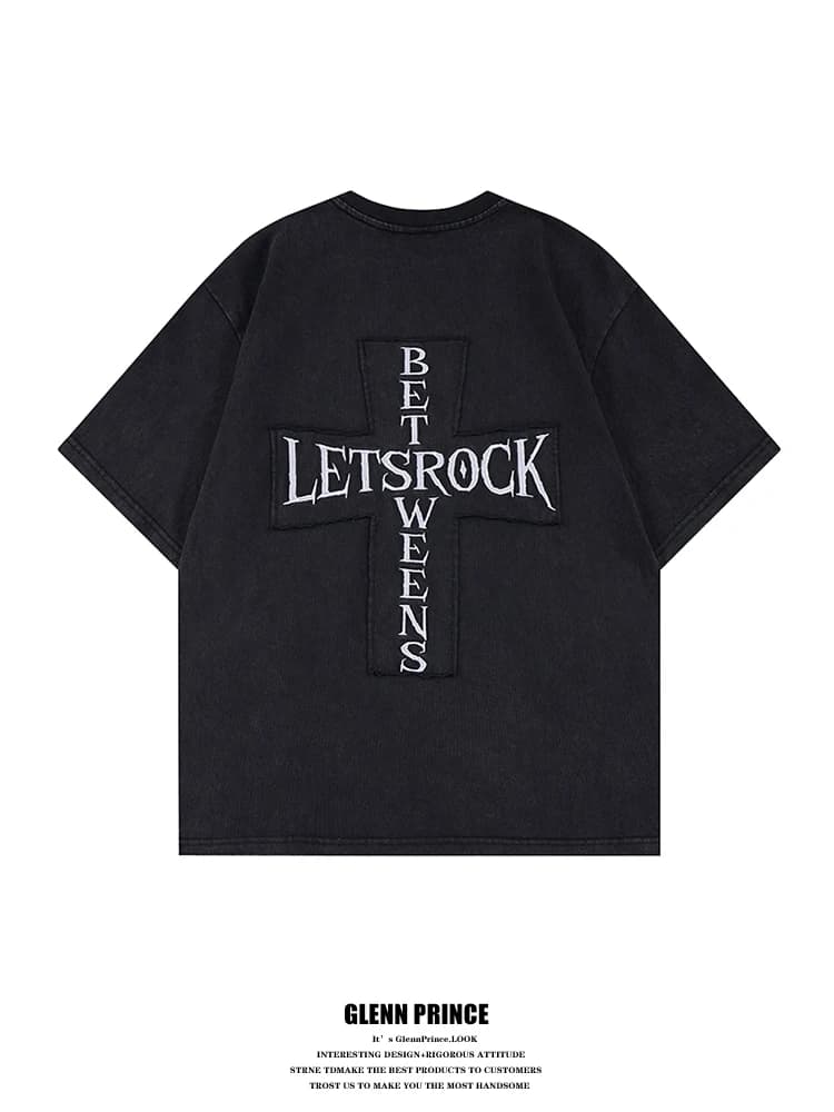 GPstudio Street Style Letter Patchwork Cross Stitch Washed Heavy Short Sleeve Men's Summer Trendy Brand Half Sleeve T-Shirt