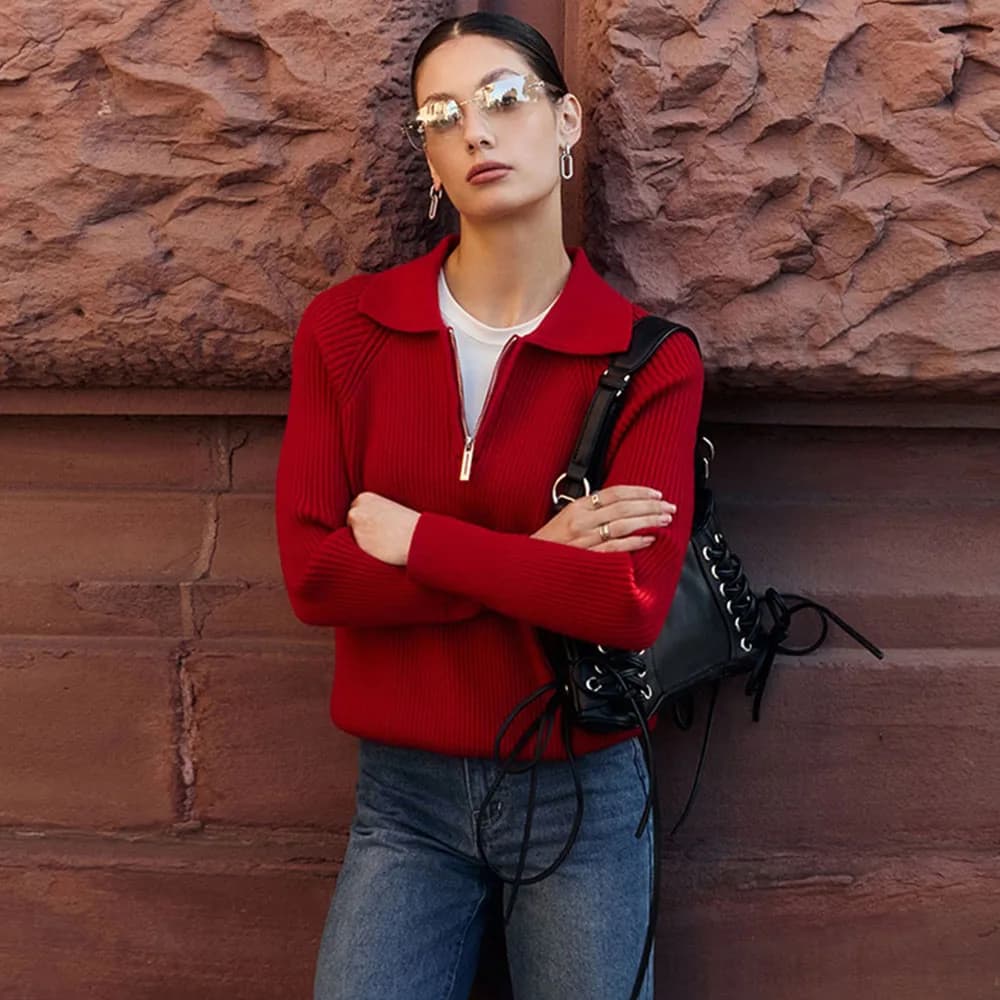 Talenza Maglione lavorato a maglia rosso da donna autunno e inverno casual bavero con cerniera pullover a maniche lunghe maglione da strada caldo allentato solido
