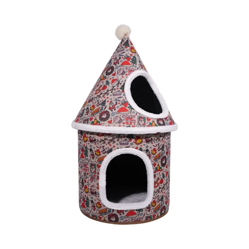 Vendita calda di Natale Letto per animali domestici in cotone fatto a mano completamente chiuso Albero di Natale Grotta per gatti Cani di design rettangolare in stile cartone animato salvaspazio