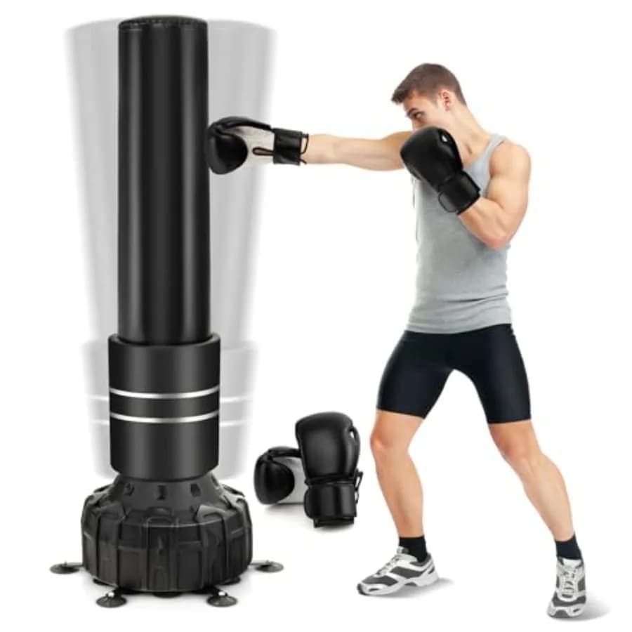 Sacco da boxe autoportante per MMA e Muay Thai, con rivestimento in PVC nero, telaio in acciaio resistente, base stabile e riempibile con ventose.