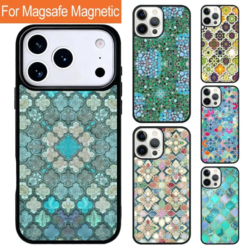 Custodia Magnetica Wireless per iPhone 17 Pro 16 15 13 12 11 Pro Max Air 14 Plus con Cover Magsafe, Design Mosaico Marocchino Sfumato