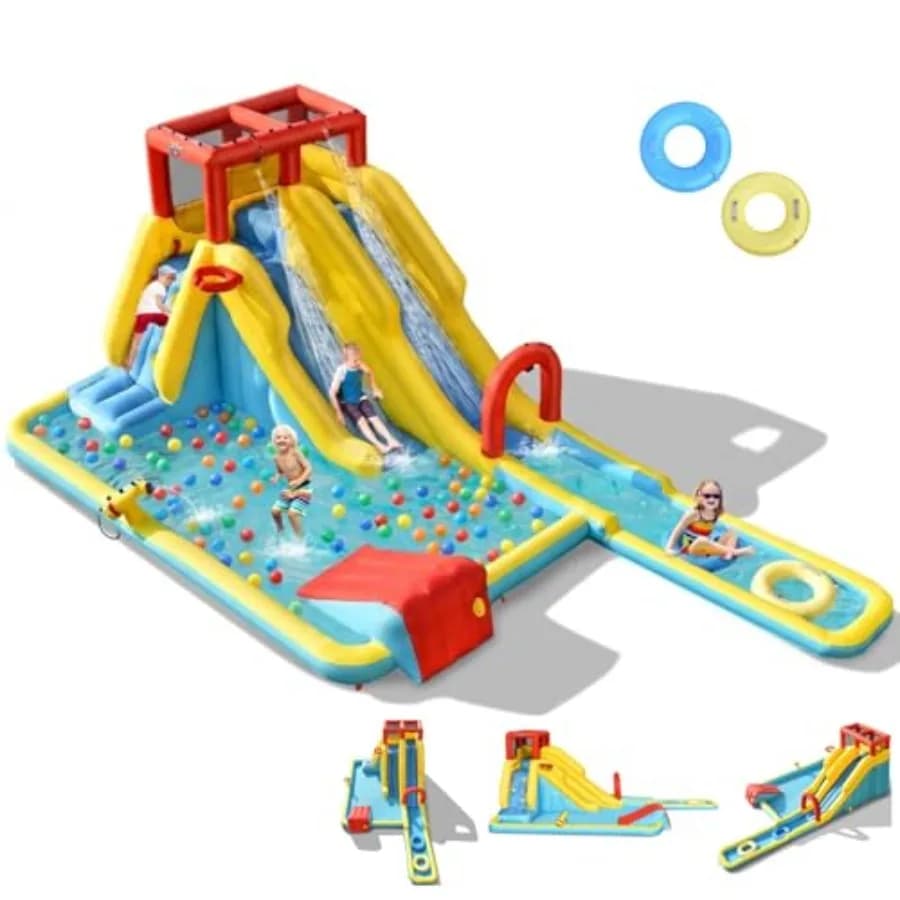 Scivolo acquatico gonfiabile, doppio scivolo per surf, parco acquatico con castello gonfiabile e 2 anelli da nuoto, grande piscina gonfiabile