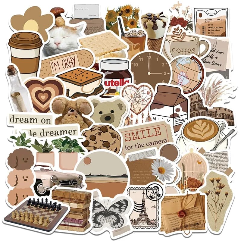 10/30/60PCS Vintage Brown Sticker Aesthetic PVC Laptop Sketchbook Stationery Decoraction Scrapbooking School Supplies