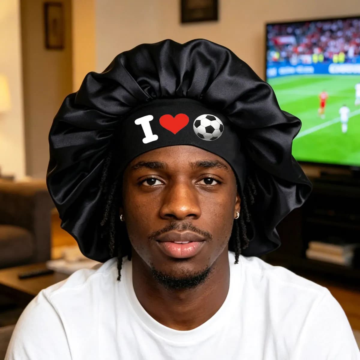 Comfortable Wide Brim Sleep Cap 'I Love Football' Nighttime Hat Design for Gentle Care Suitable for Fashionable Ladies And Men