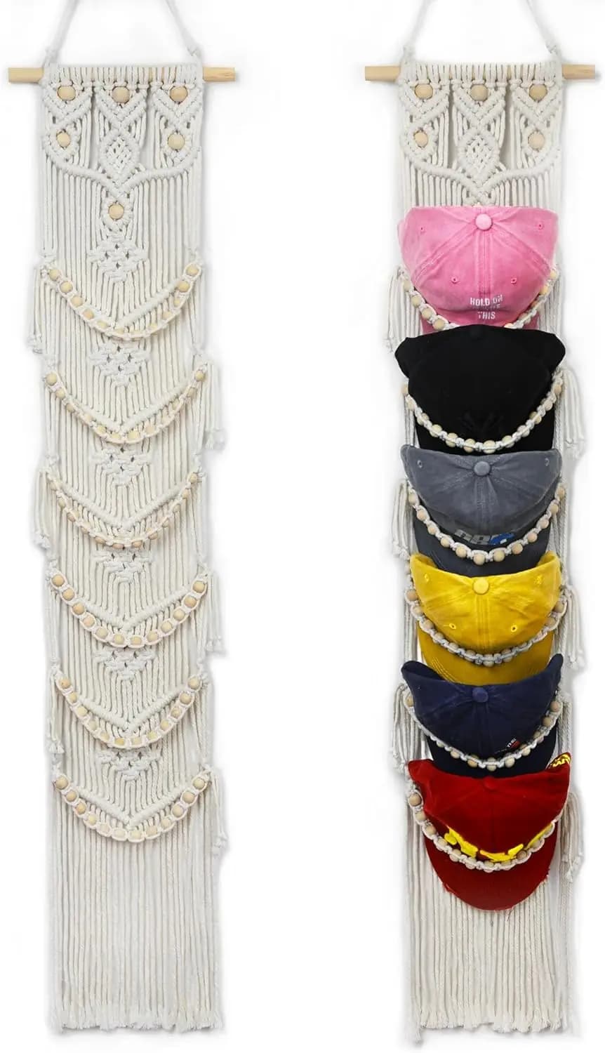 Hat Organizer for Baseball Caps, Hat Racks Cotton Rope Weaving Cap Stand, Handmade Macrame Hanging Hat Display Holder for Door Storage, Closet, Bedroom (Off-White, Set of 1)