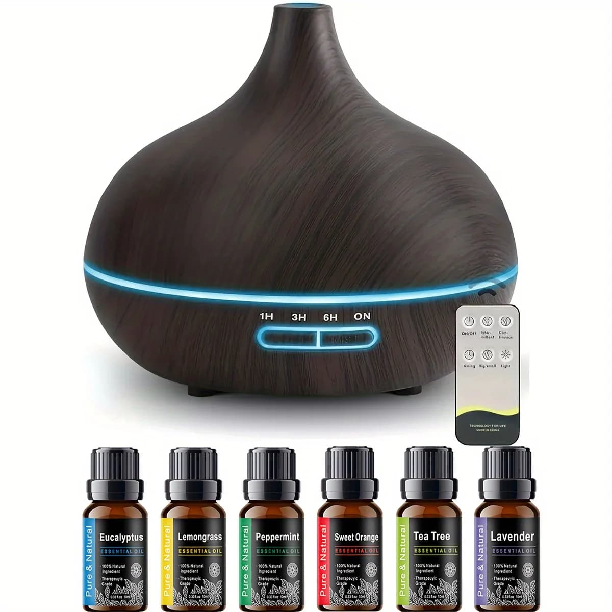 Diffusore per la casa Diffusore di aromi da 550 ml con telecomando Timer per venature del legno Umidificatore a nebbia fredda per ambienti grandi con set da 6 oli
