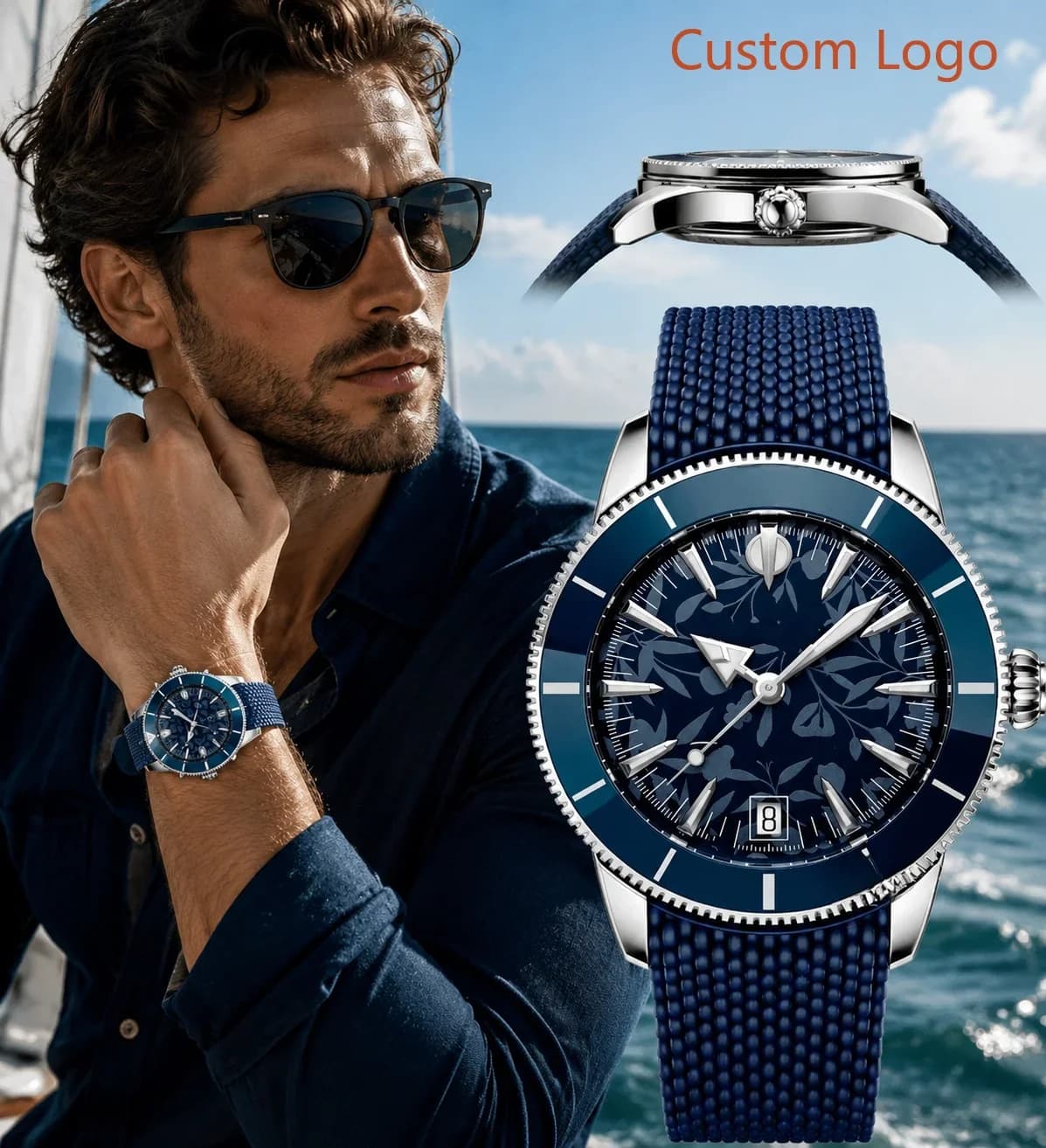 Men 46mm Diving Automatic Watch Rotating Blue Ceramic Bezel Unique Floral Pattern Dial Navy Blue Textured Rubber Strap Waterproof Outdoor Sports Male Mechanical Customized Watches