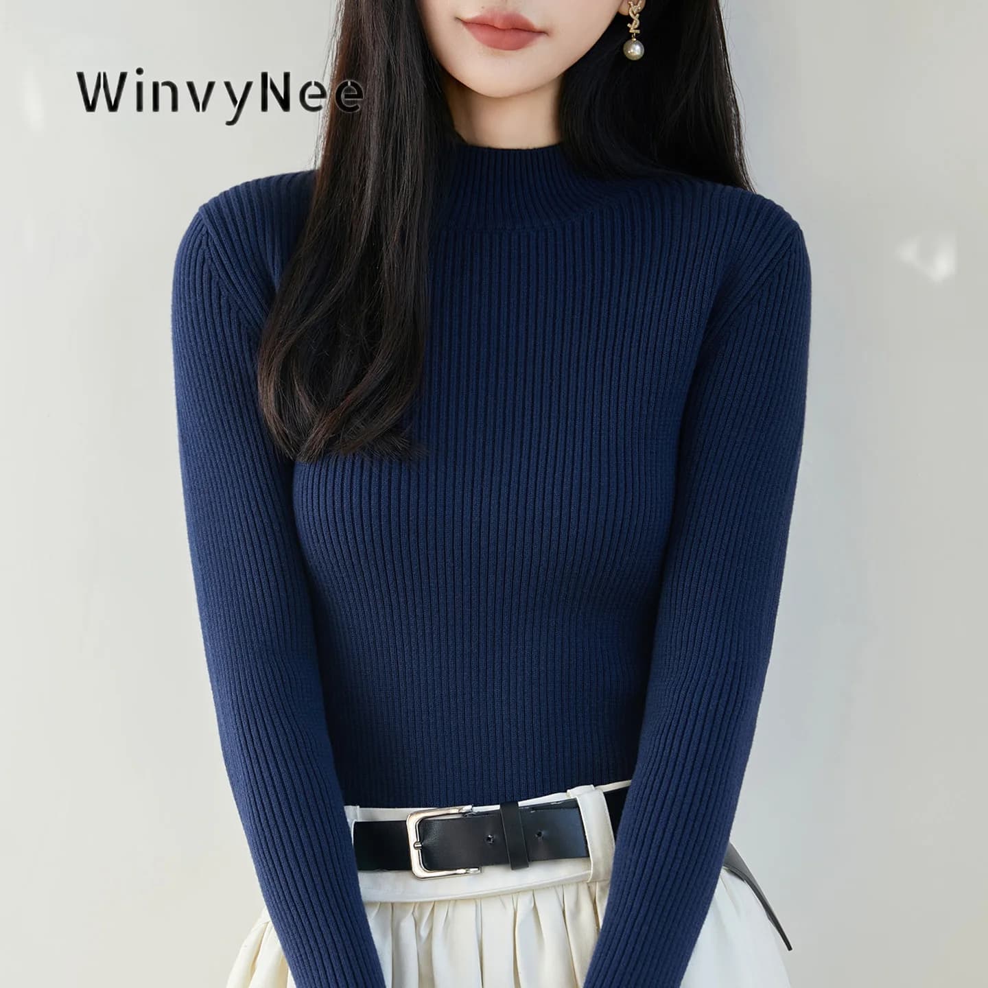 WinvyNee Women Sweater 100% Cotton Ribbed Mock Neck Slim Fit Knitted Top Urban Basic Soft Breathable Casual Daily Wear ZA1092021