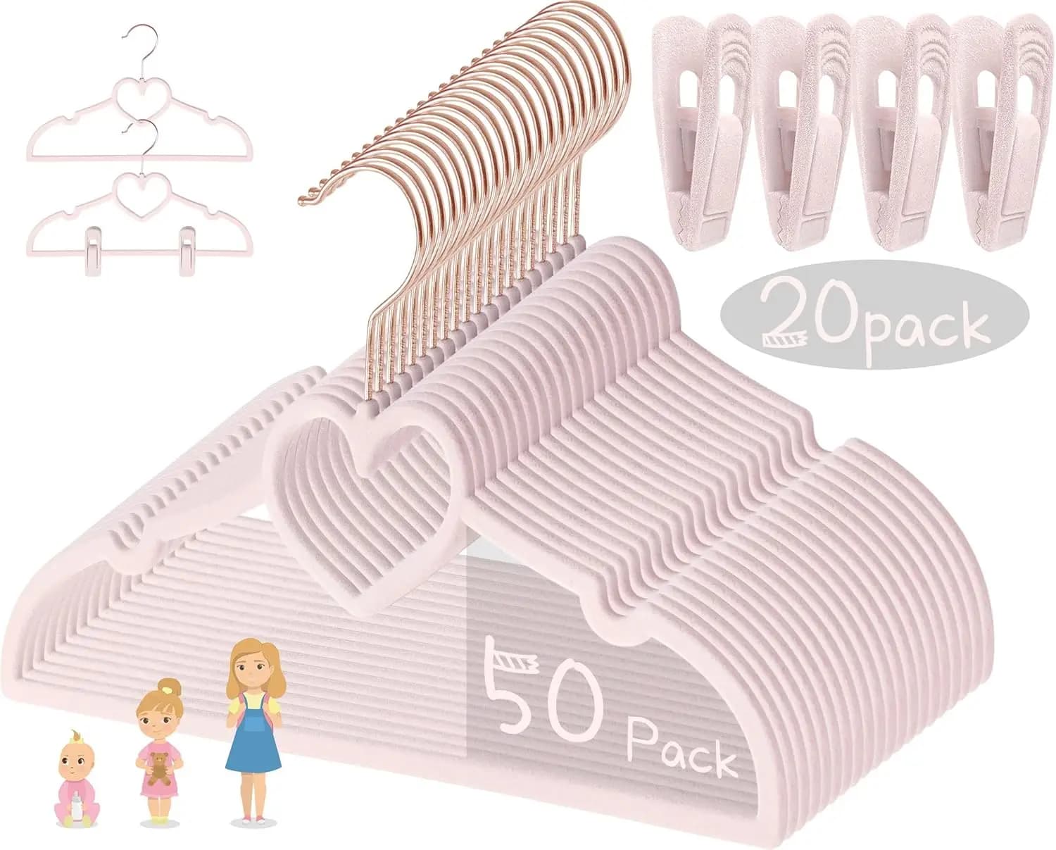 Pink Velvet Dresses for Children - Pack of 50 with 20 Clips, Anti-slip Design and Baby Dresses