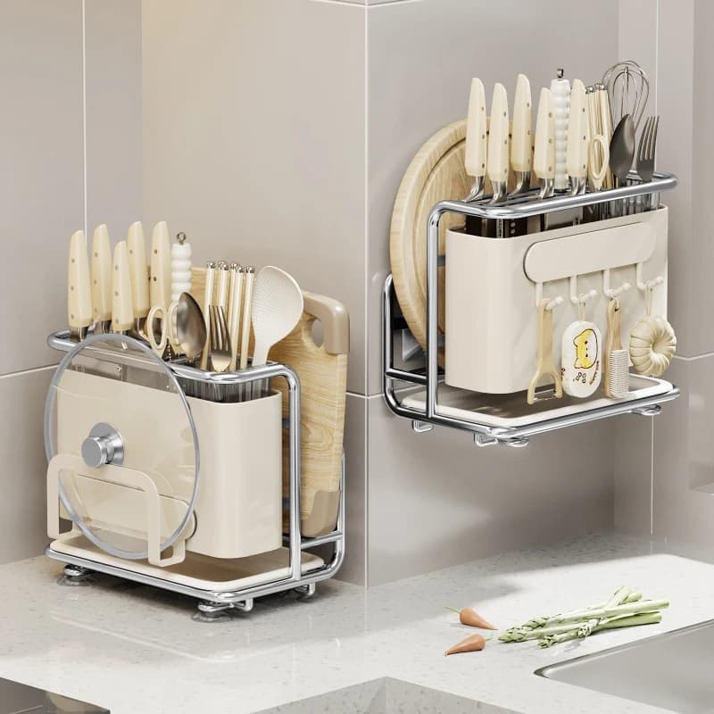 Multifunctional Kitchen Knife Storage Rack, Countertop & Wall Mount All-in-One Organizer for Kitchen Knives, Cutting Boards and