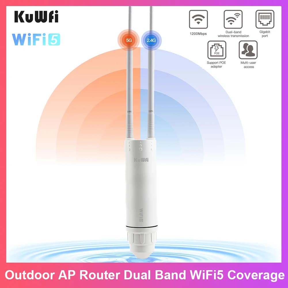 Router AP da Esterno KuWFi AC1200 2.4G 5G WiFi5 con Copertura del Segnale, Porta Ethernet Gigabit, Antenne Staccabili, Supporto AP/Repeater, IP67