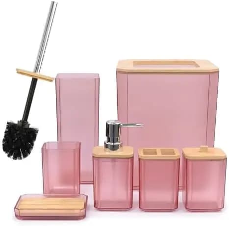 Set da Bagno CERBIOR 7 Pezzi con Dispenser Sapone, Porta Spazzolino e Bicchiere, Porta Sapone (Rosa) – Elegante Set da Appoggio e Perfetto