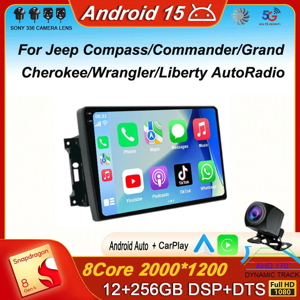 Autoradio QLED Navigazione GPS Lettore multimediale Android 15 Per Jeep Compass/Commander/Grand Cherokee/Wrangler/Liberty AutoRadio