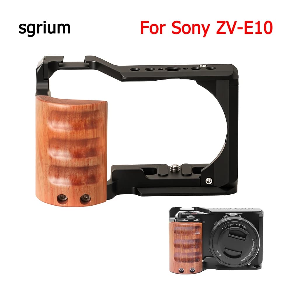 sgrium Per fotocamera a gabbia Sony ZV-E10 con manico in legno Staffa di supporto per gabbia per conigli gabbia video per estensione microfono a led