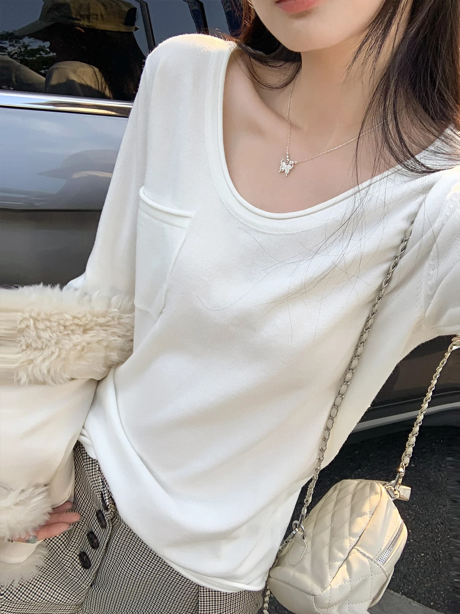 White U-Neck Long Sleeve Women's Base Shirt T-Shirt Roll Lazy Style Inner Wear Korean Style Straight Cut Daily Wear