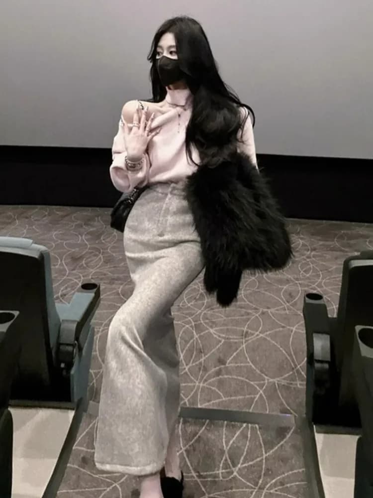 Fashionable Two-Piece Set Women's Spring New Sexy Shoulder Bared Neck Hanging Sweater High Waist Front Slit Fish Tail Skirt