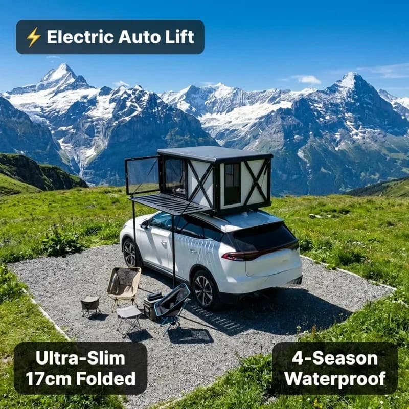 Factory Supply Aluminum Offroad Hard Shell Roof Top Tent Waterproof Electric Lift System 1-2 People Capacity Camping