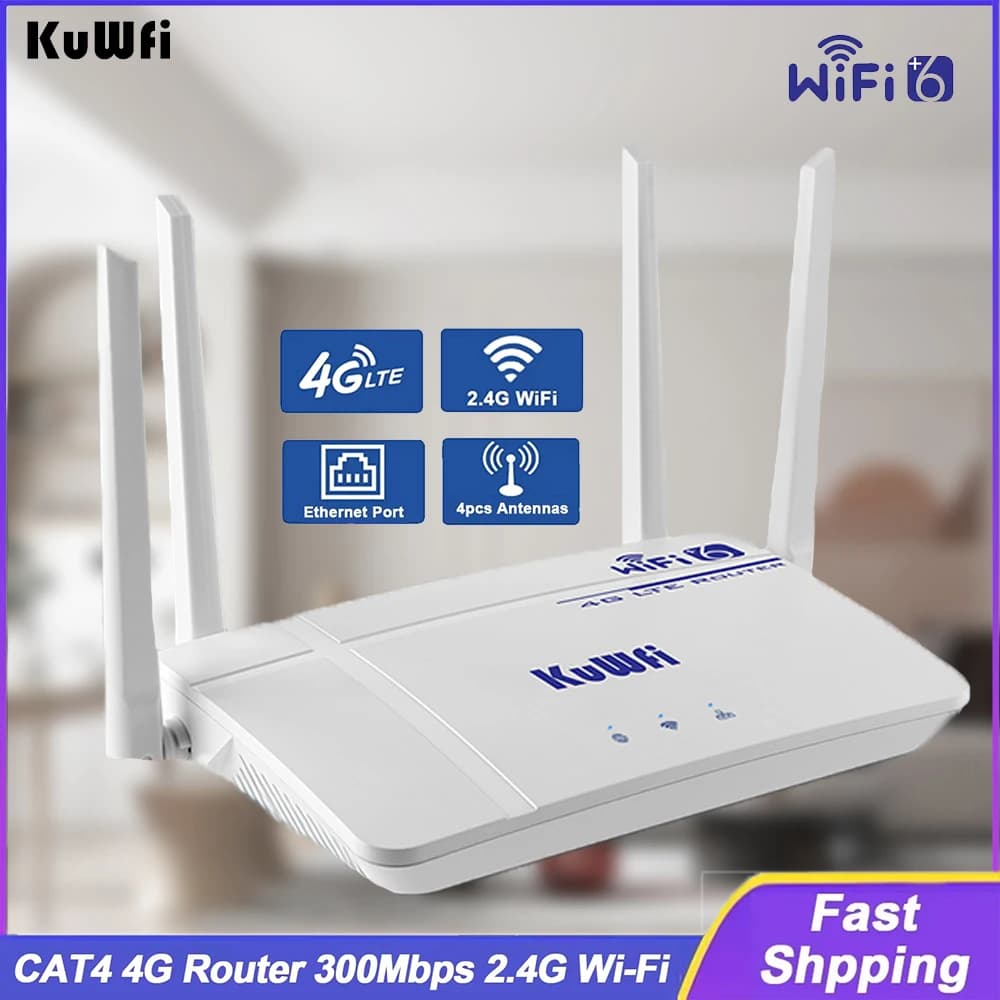 Router KuWFi CAT4 4G LTE 300Mbps 2.4G Router WiFi6 wireless Modem LTE Antenna esterna Porta Ethernet RJ45 Slot Nano USIM 10 utenti