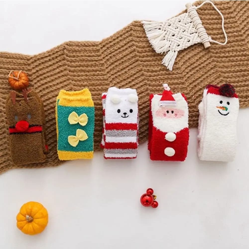 Elastic Simple Bow Stripe Santa Claus Women Elk Coral Fleece Cotton Calf Socks Christmas Stockings Ladies Hosiery Floor Socks