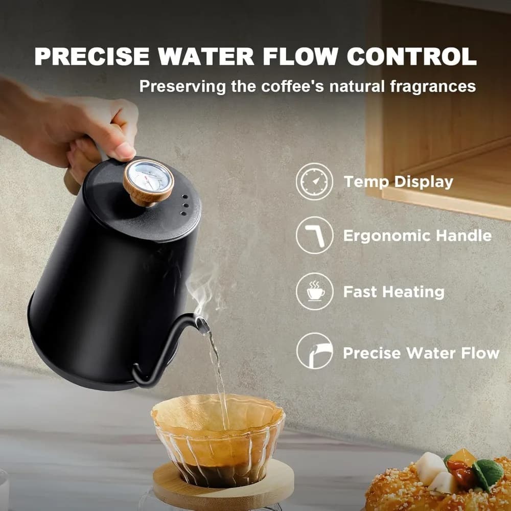 Gooseneck Electric Pour Over Kettle 1L 1000W Stainless Steel Hot Water Kettle with Thermometer Auto Shut Off for Coffee and