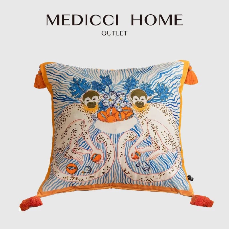 Medicci Home Luxury Tessel Federa per cuscino Guenon Scimmia Floreale Accento decorativo Federa per cuscino Stile eclecticismo Decorazioni per la casa