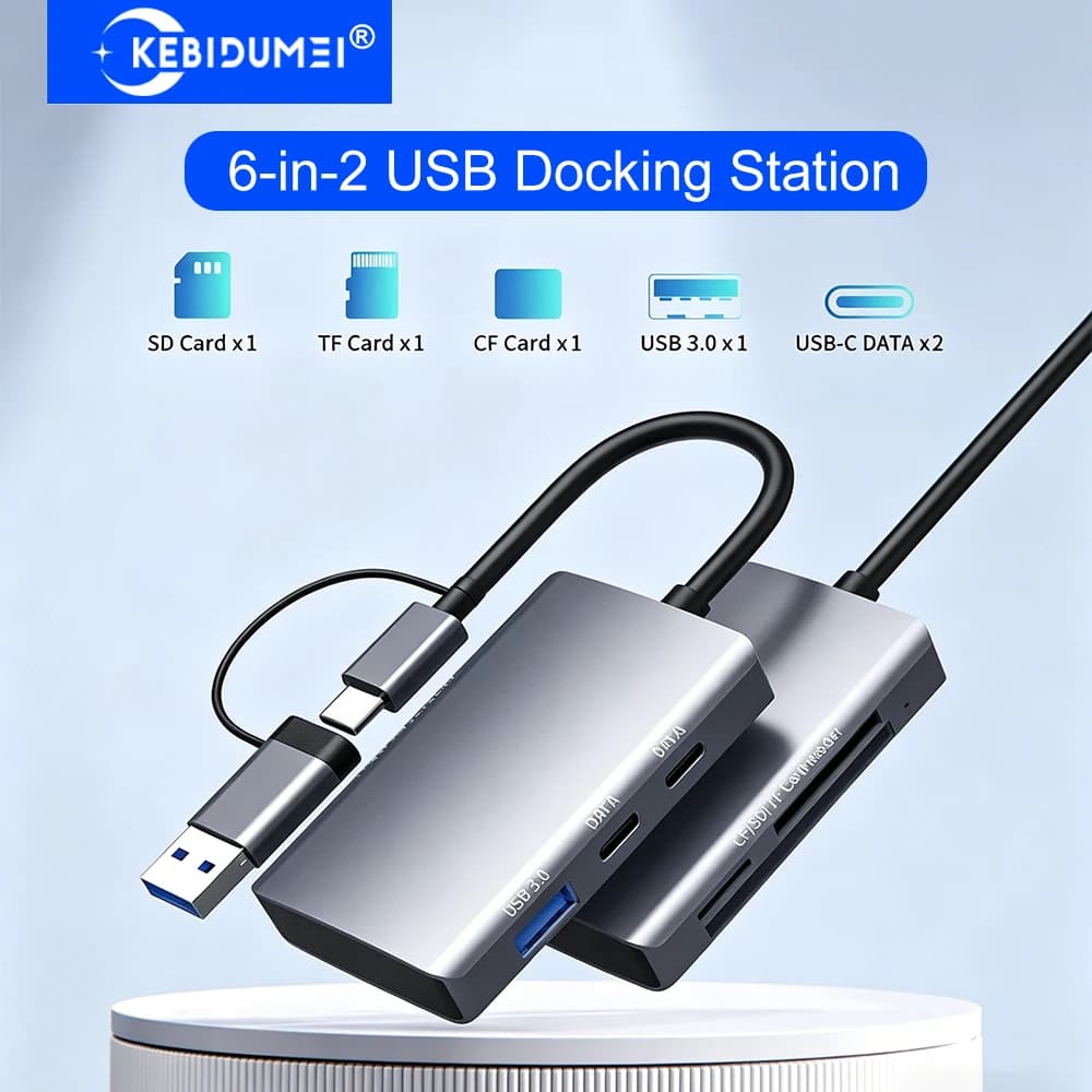KEBIDUMEI Docking Station USB C 6-in-2, da USB a USB3.0/TYPE-C/Lettore di schede SD/TF/CF, Hub USB 3.0, Splitter USB, Adattatore OTG per Laptop