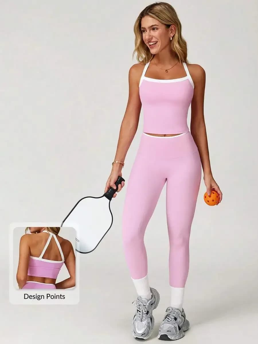 Set sportivo da donna in 2 pezzi, gilet e leggings per fitness, yoga, allenamento, comodo completo di pantaloni attillati elasticizzati, rosa