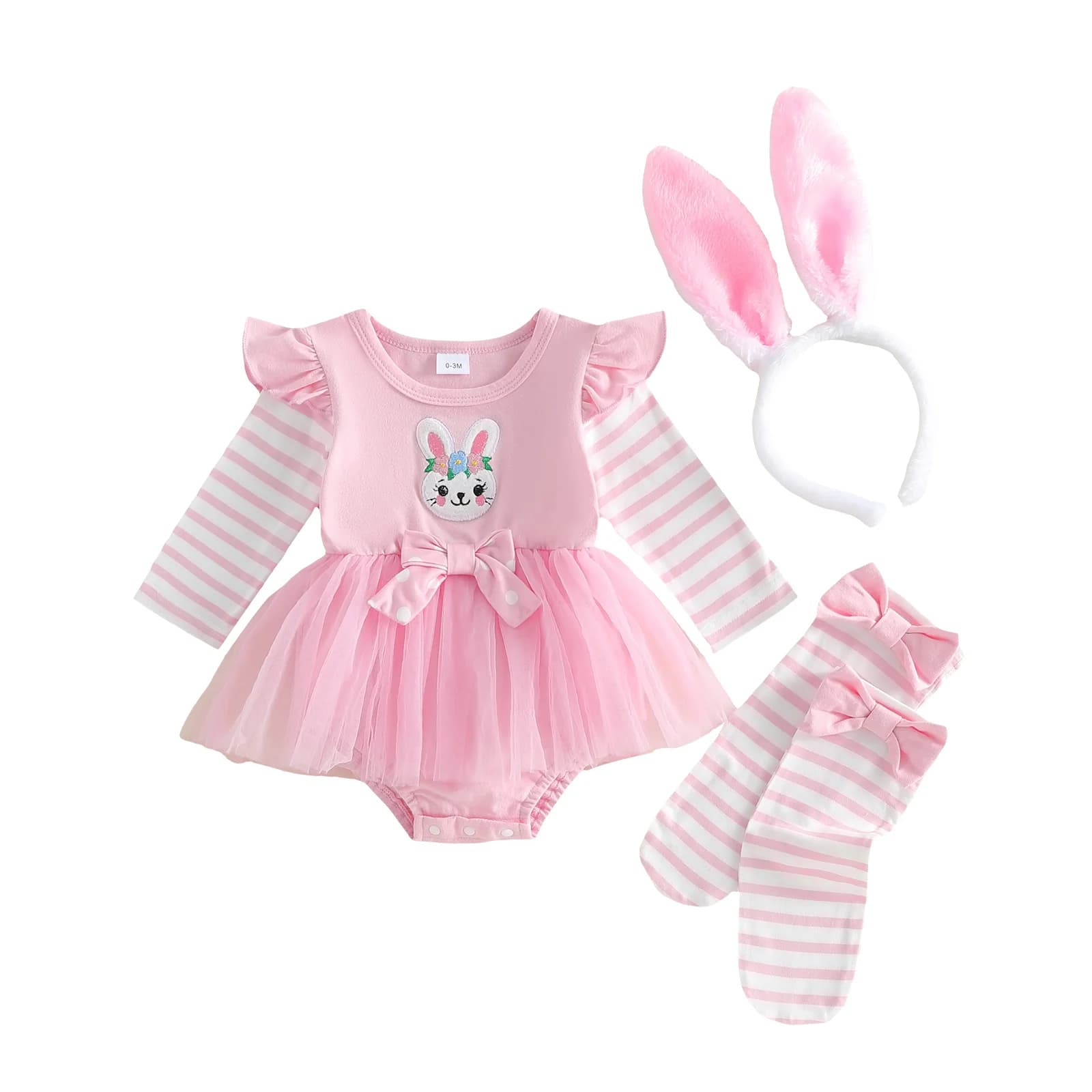 Completo per Neonata Pasqua: Tutina a Maniche Lunghe con Gonna in Tulle, Calzini e Fascia con Orecchie da Coniglio - Abbigliamento Neonato