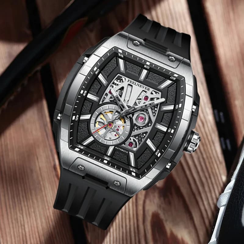 Orologio da Polso Meccanico Quadrato Creativo FeelNever, Lussuoso con Vetro Zaffiro Cavo, Impermeabile, Luminoso, Movimento Automatico, Orologio da Uomo