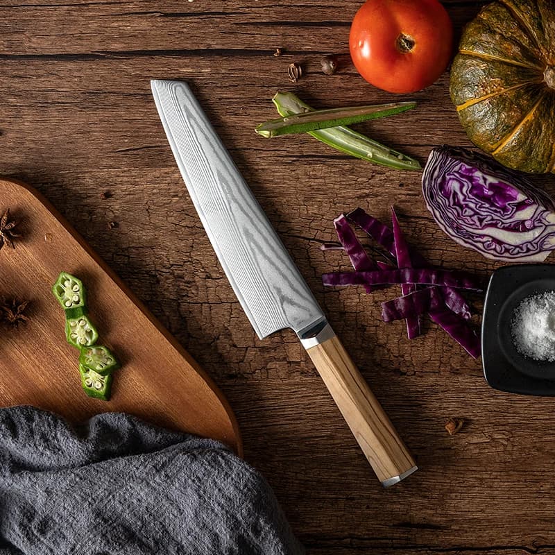Coltello Kiritsuke da 8 pollici 67 strati Damasco AUS10 Lama in acciaio Mannaia affilata Affettare Coltello da cucina giapponese Manico esagonale in oliva
