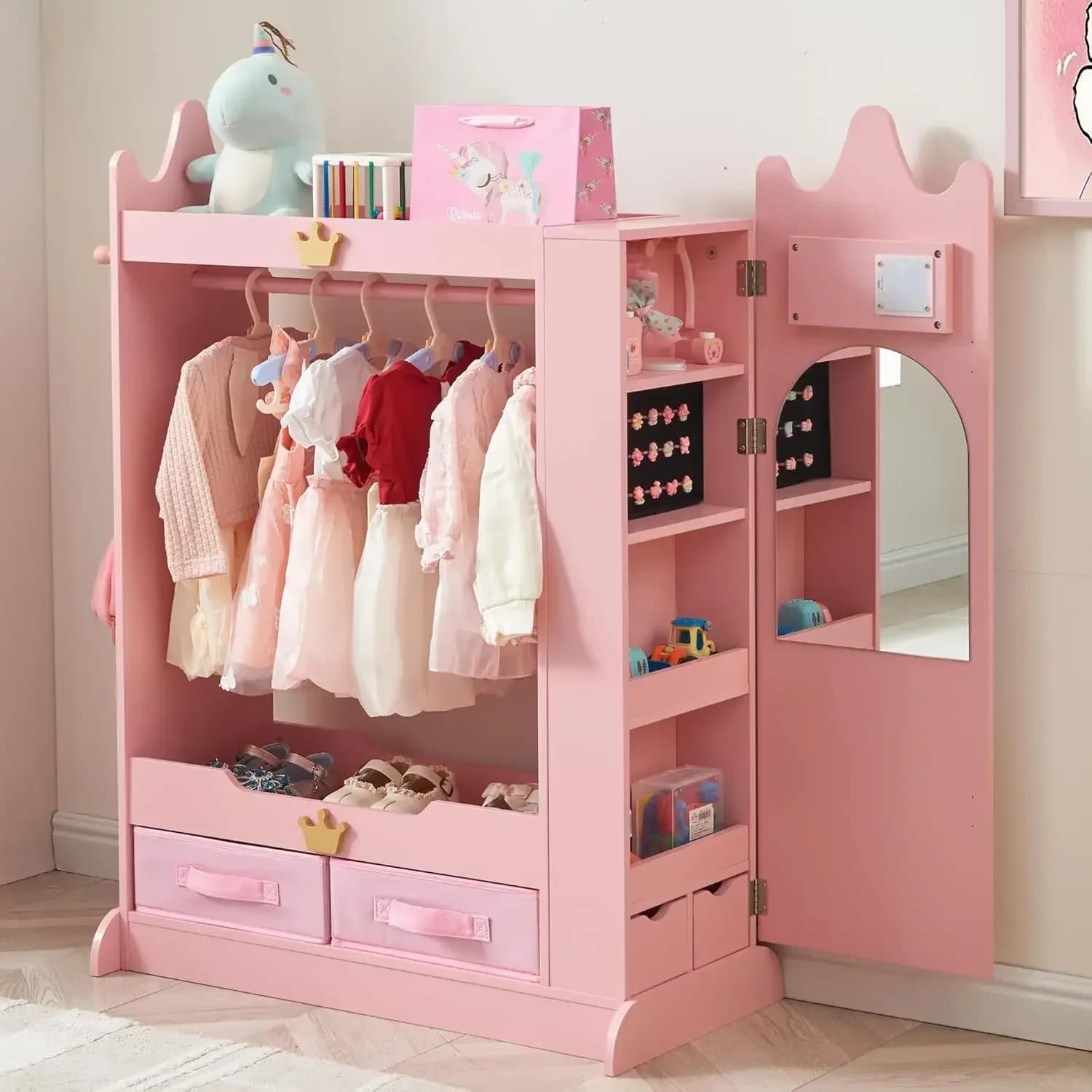 Armadio per Bambini a Tema Principessa - Guardaroba con Doppi Specchi, Mobiletto Portagioie Nascosto, Scaffali e Appendiabiti per L