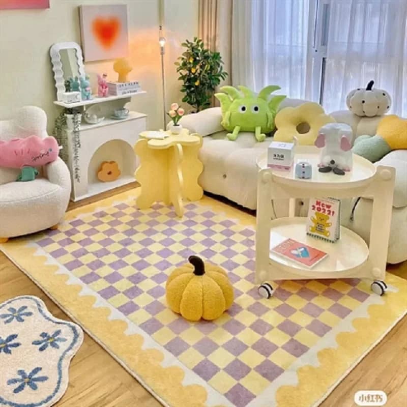 VIKAMA Yellow Purple Checkered Area Rug Wavy Cream Border Soft Fluffy Non Slip Ins Style Living Room Bedroom Floor Mat