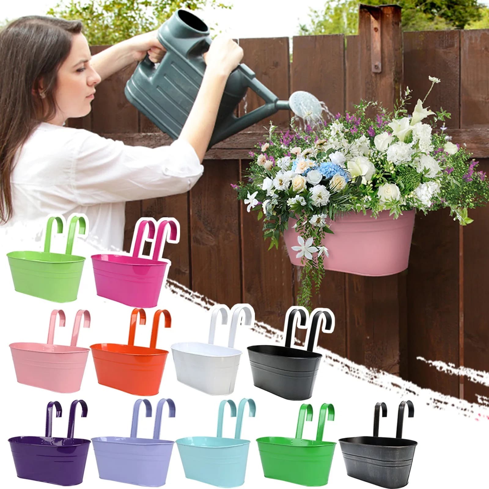 Hanging flower vases in metal iron for fence for railing Suspended bucket vases Porta flower plants for window in country style