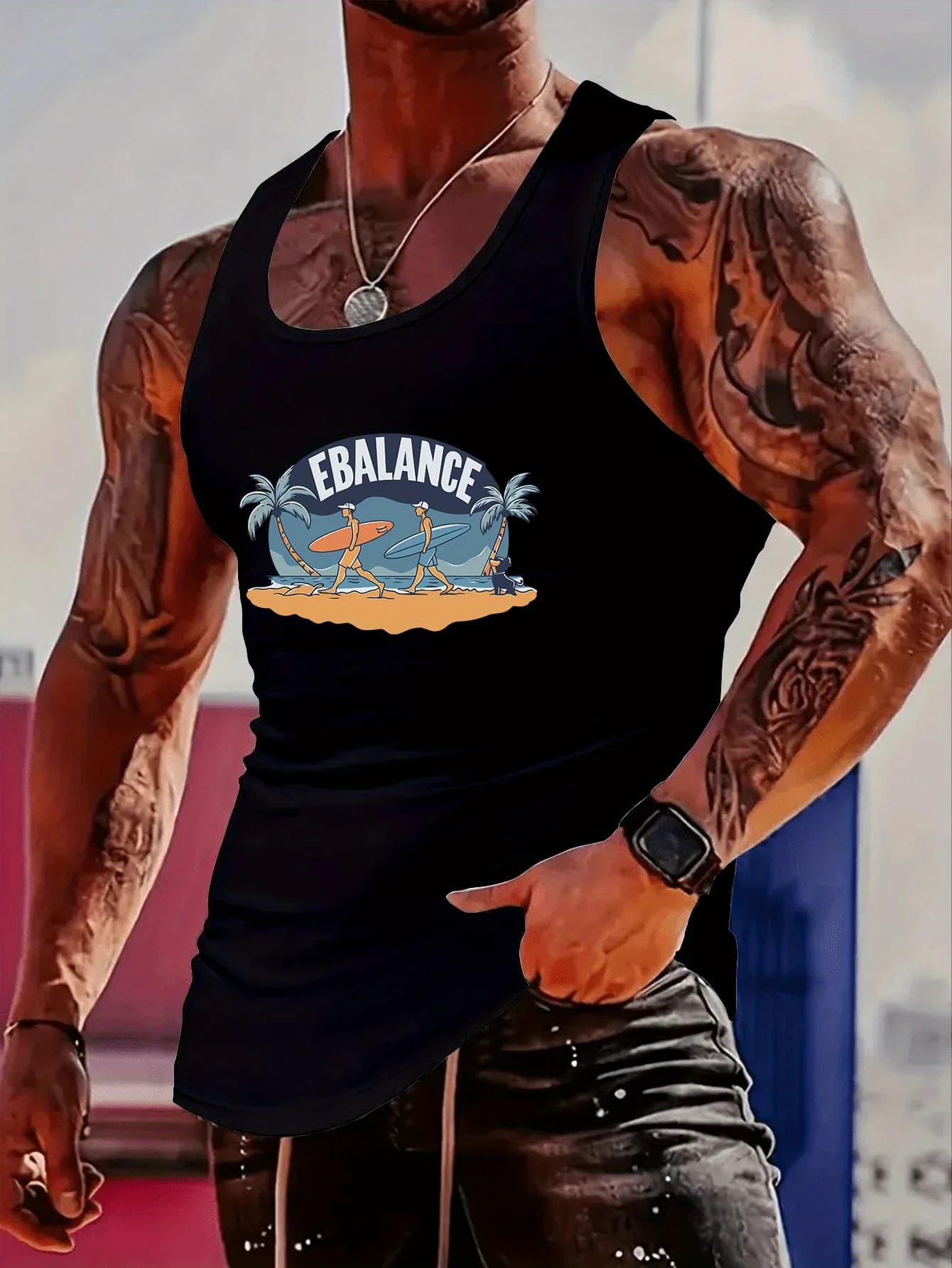 Fashionable muscular man, surfer on the beach with palm trees and skateboards, in a simple and creative image. T-shirt printed