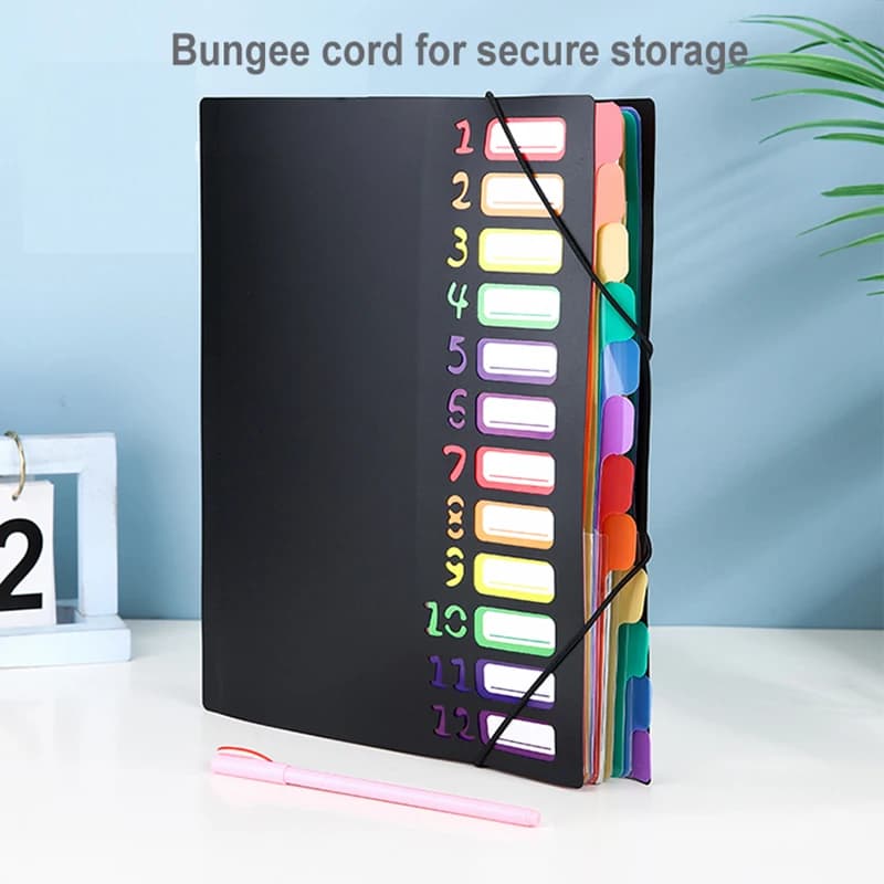 Cartella portadocumenti A4 con cordino elastico Cartella indice di classificazione dell'identificazione arcobaleno con 12 divisori per conservare documenti