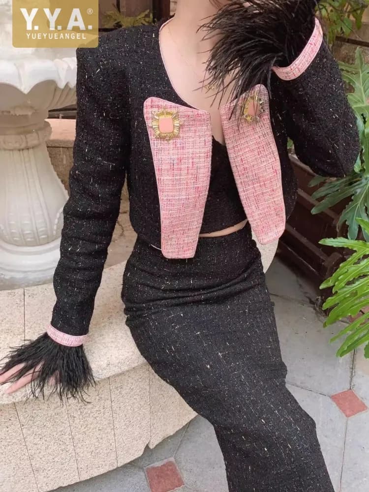 Office Ladies Elegant Slim Fit Mixed Colors Tweed Short Jacket High Waist Wrap Long Skirt Women Fashion Spring Two Piece Set