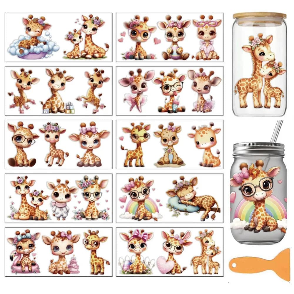 PVC DIY Heat Transfer Paper for UV Sublimation Cup Giraffe 110x240mm 10 style 1pc/style 10pcs/set