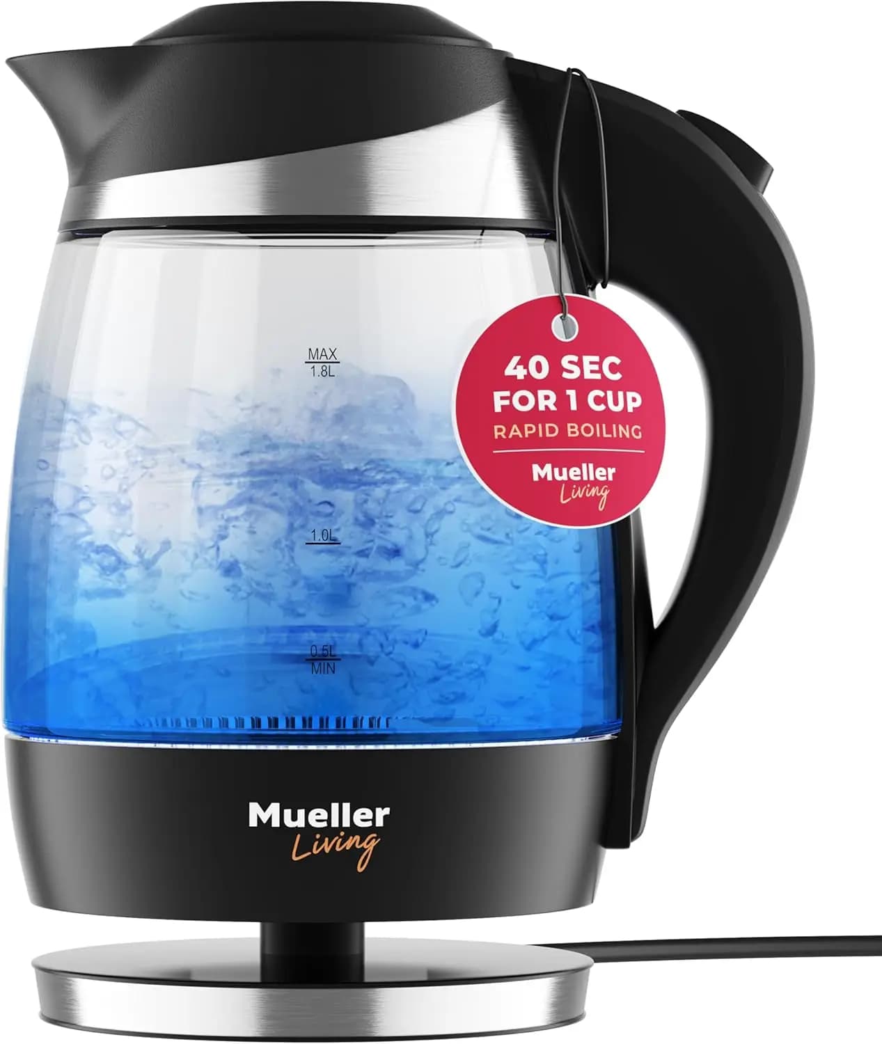 Living electric kettle, 1.8 litre wireless water heater, 1500 W speed boiling, automatic shutdown, LED light, borosilicate glass, without BPA
