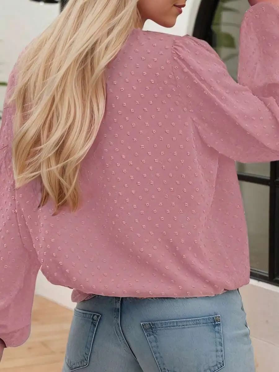 Camicetta da donna a maniche lunghe con scollo a V e pieghe, top elegante casual