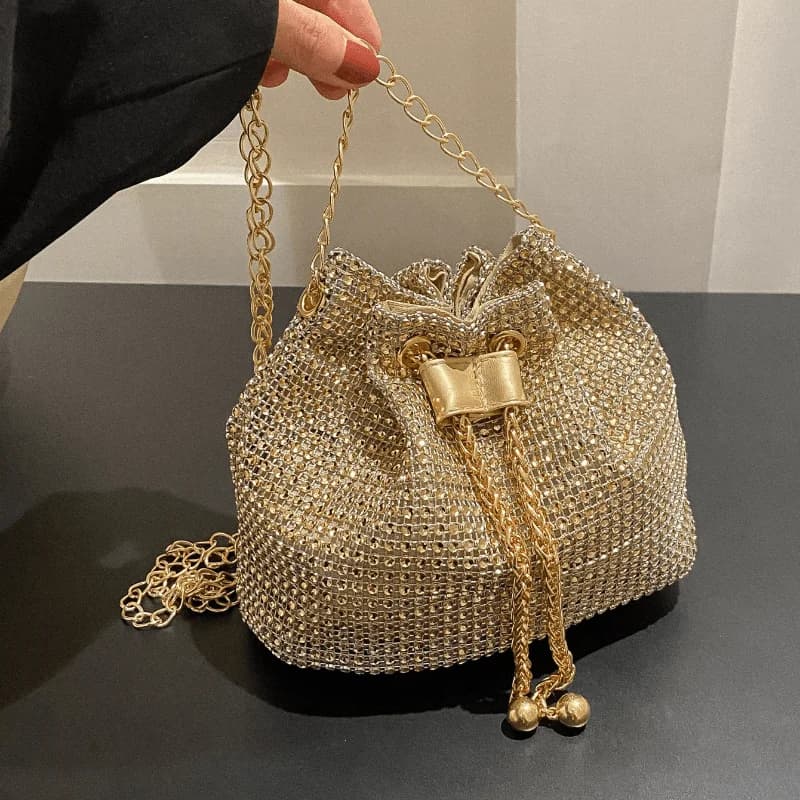 Borsa a tracolla con coulisse impreziosita da strass scintillanti, borsa a secchiello multifunzionale, borsa formale per le donne, pendolarismo quotidiano