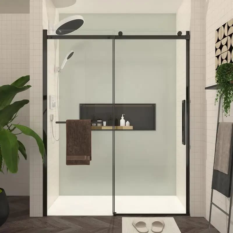 Porta doccia scorrevole in vetro senza telaio 56-60 "L x 76" A, hardware nero opaco, portasciugamani e maniglia, trasporto di goccia disponibile