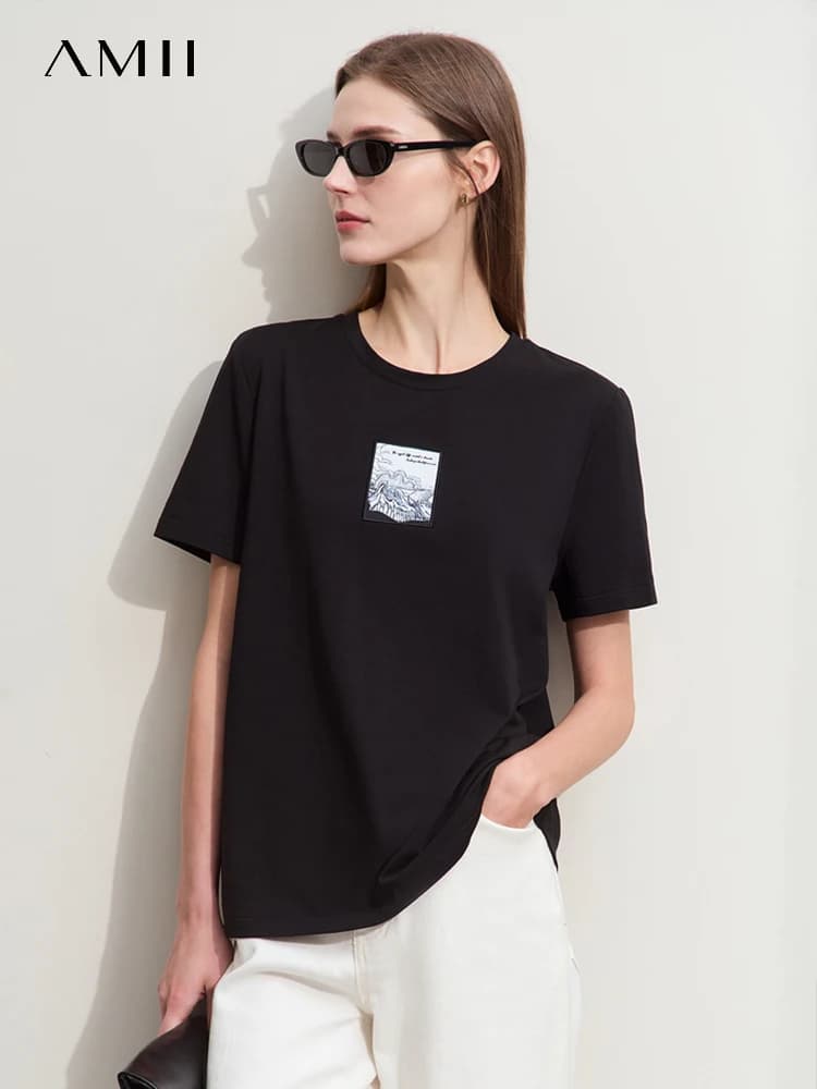 Amii Minimalismo 2025 T-shirt per le donne Estate Nuovo O-Collo Casual Cotone Ricamo Nozioni di base Manica corta Moda Top Lady 12422080