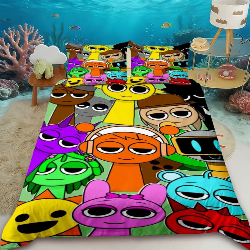 Set di 3 Pezzi Copripiumino Sprunki con Motivi Cartoon, Set Biancheria da Letto con 2 Federe, per Letto Matrimoniale, King o Full, Decorazione Camera da Letto per Adolescenti e Bambini
