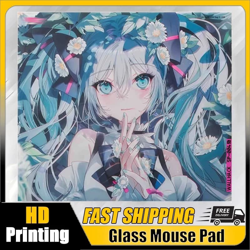 Tappetino per Mouse in Vetro con Ragazza Anime Kawaii Giapponese Blu, Superficie Liscia Rivestita, Personalizzabile per Gamer FPS