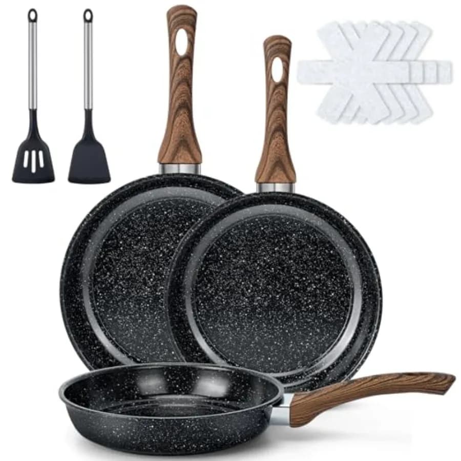 Set di Padelle Antiaderenti - 9 Pezzi, Include 3 Misure 8"/ 10"/ 12", Senza PFOA, Adatte per Induzione e Forno, Facili da Pulire