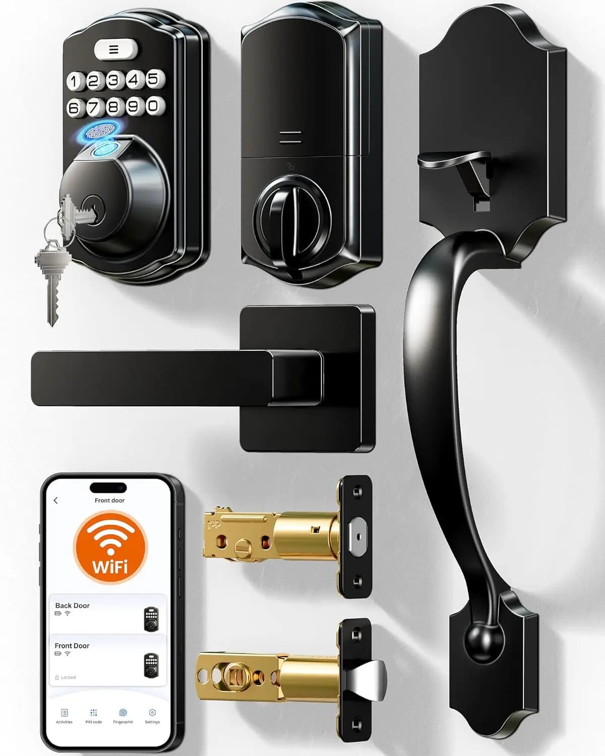 Set Serratura Intelligente WiFi per Porta d'Ingresso con Impronta Digitale, Controllo Vocale e Chiusura Automatica, Impermeabile IP55 Nero Opaco