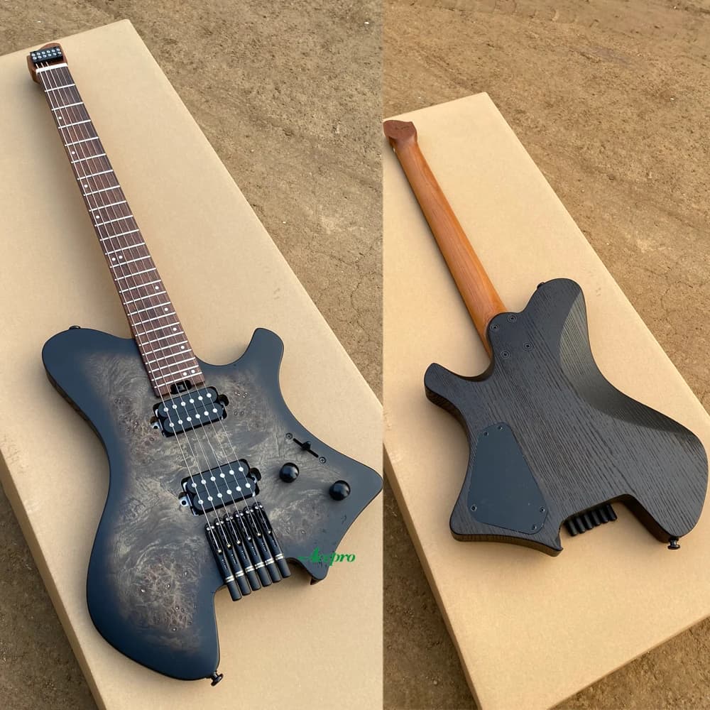 Disponibile Chitarra Elettrica Acepro Black Headless con Top in Acero Burl, Corpo in Frassino Tostato, Tasti Jumbo in Acciaio Inossidabile, Manico in Acero Tostato